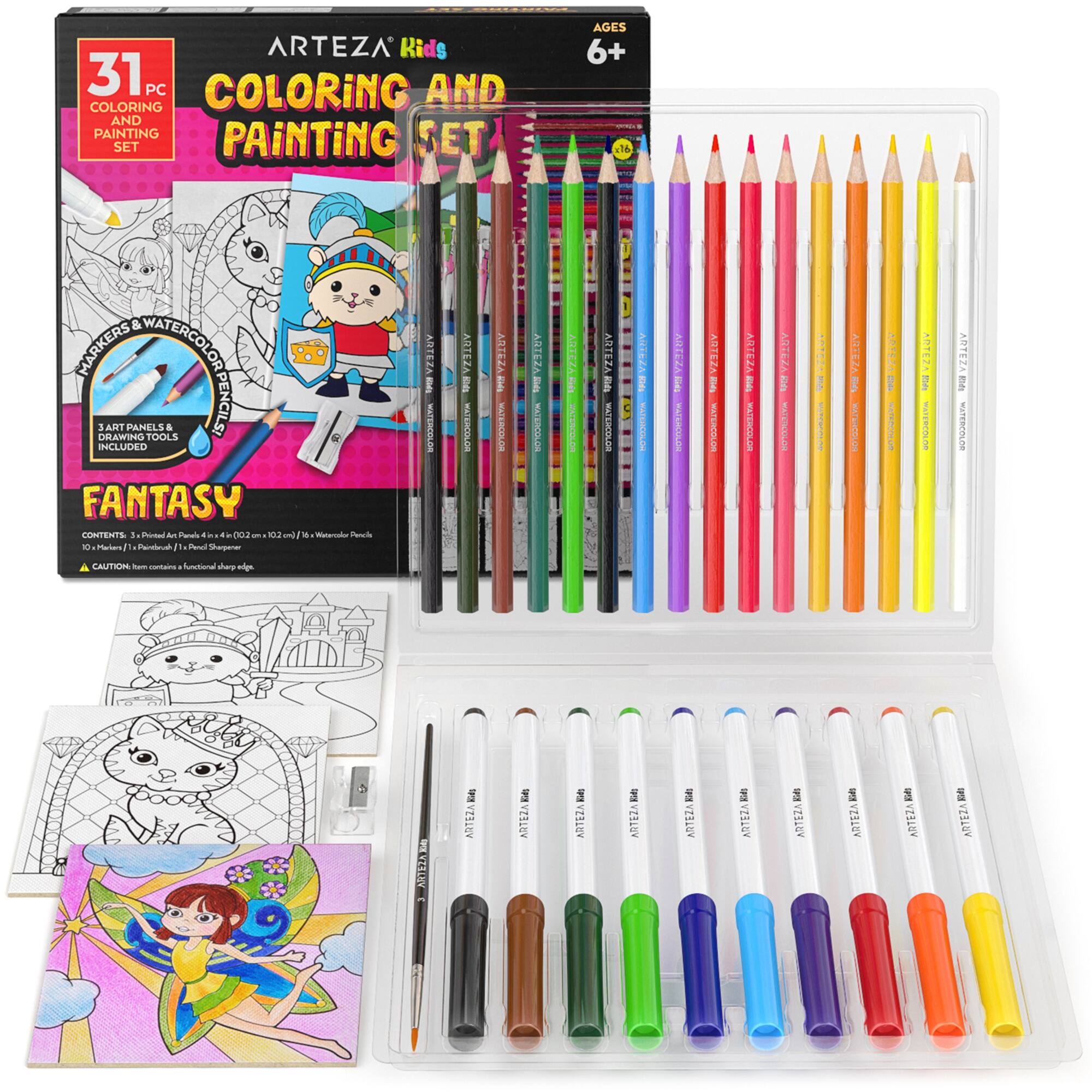 Arteza® Kids Canvas Paint Kit, 3 canvas 4x4 in, Watercolor pencils and markers